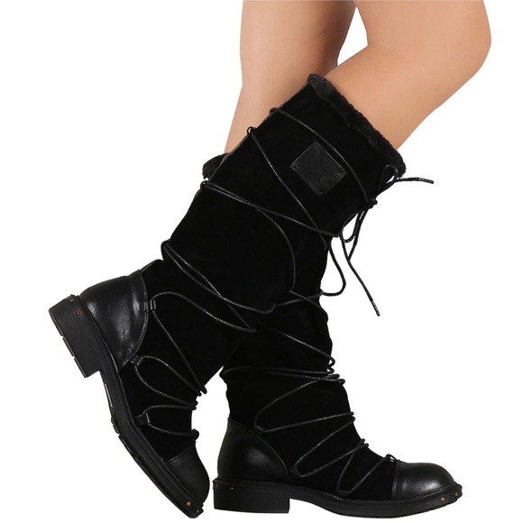 Black Lace-Up Knee-High Boots - Picture 1 of 8